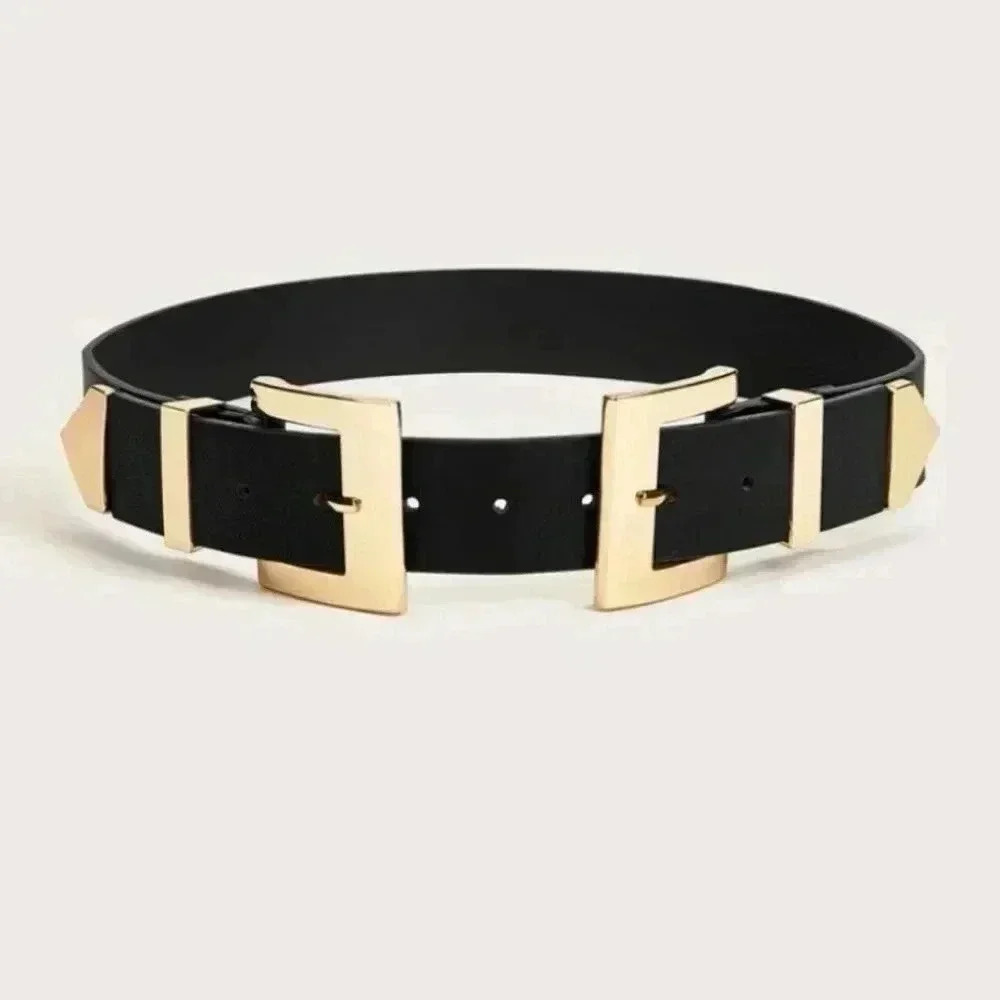 Gold Chunky Double Buckle Black Vegan Leather Wide Waist Corset Belt - Picture 2 of 7